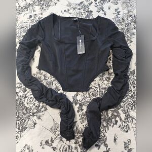 Dolls Kill Poster Grl Black Corset Top with Rushed Mesh Sleeves